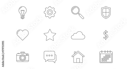 Versatile collection of minimalist outline vector icons for modern digital interfaces. Essential concepts like settings, security, communication, and finance are represented