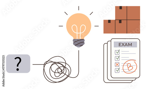 Question mark, tangled line leading to lightbulb, stacked boxes, and graded checklist represent problem-solving, innovation, education, planning, logistics, creativity and analysis in a simple flat