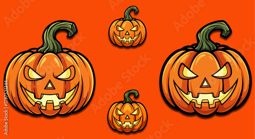 Spooky jack o'lanterns glowing on an orange background for halloween celebration