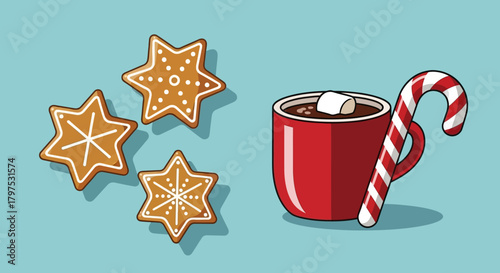 Celebrate the season with gingerbread stars, steaming hot chocolate, and a candy cane. Perfect for holiday promotions, festive designs, and cozy winter vibes.