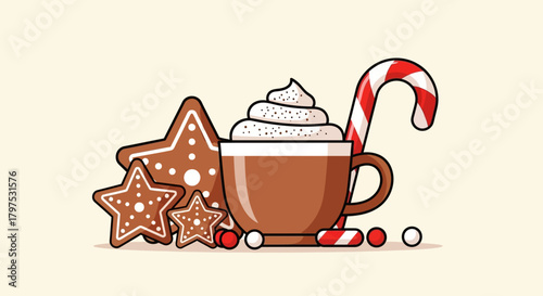 Warm up with a festive scene featuring cocoa, gingerbread, and candy. Perfect for holiday cards, seasonal promotions, and cozy winter designs spreading holiday cheer.
