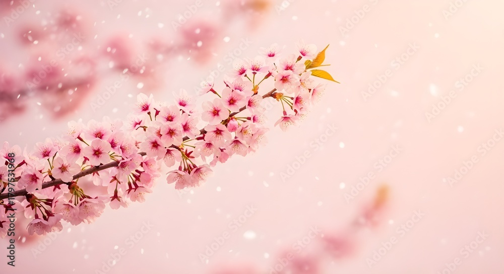 Fototapeta premium Delicate pink cherry blossom branches in soft sunlight with falling petals creating a dreamy springtime atmosphere
