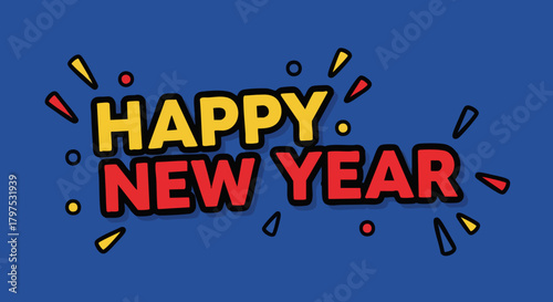 Cheerful happy new year wish with festive decorations on a blue background design