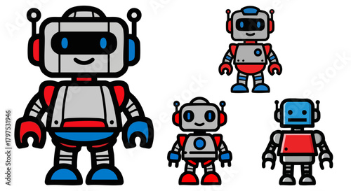Group of cute cartoon robots standing together on a black background illustration
