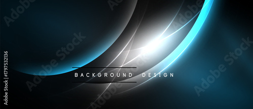 Abstract dark blue background. Smooth lines create dynamic light effects. Modern design with bright central glow. Minimalist composition.