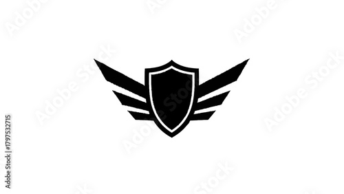 Vector illustration of black silhouette of a shield with wings on a transparent background