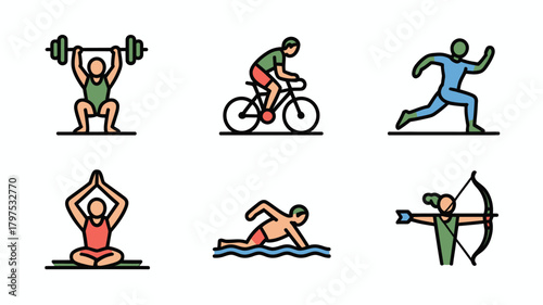 Set of sport icons featuring weightlifting cycling running yoga swimming and archery simple vector illustration for app and web design