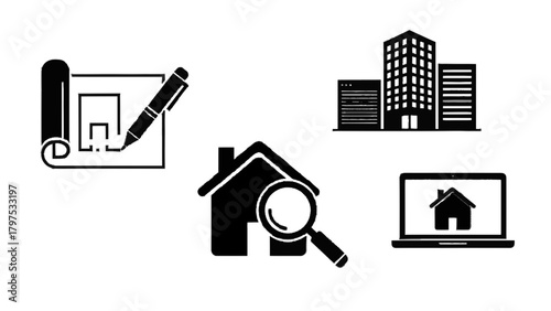 Vector illustration of real estate icons including blueprint, house with magnifying glass, buildings, and laptop on a transparent background