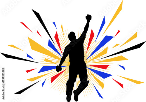 Dynamic illustration of a triumphant sportsman celebrating a momentous victory, enveloped in a burst of vibrant energy and joy, symbolizing ultimate achievement