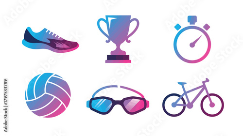 Set of sports equipment icons vector illustration in gradient style representing running swimming cycling and competition