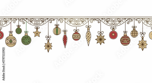 Christmas winter holiday vector border ornament garland with baubles and stars decoration