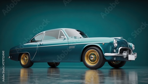 Classic Car in Teal: A meticulously maintained classic car, gleaming with a fresh coat of teal paint, is showcased in a studio setting. The timeless design exudes elegance and nostalgia.