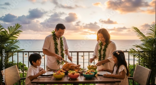 Fototapeta Naklejka Na Ścianę i Meble -  Asian family celebrating Thanksgiving with roasted turkey and colorful side dishes on a balcony overlooking the ocean at sunset.
