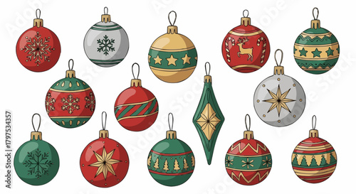 Festive winter Christmas baubles vector illustration of holiday ornaments for a decorated tree