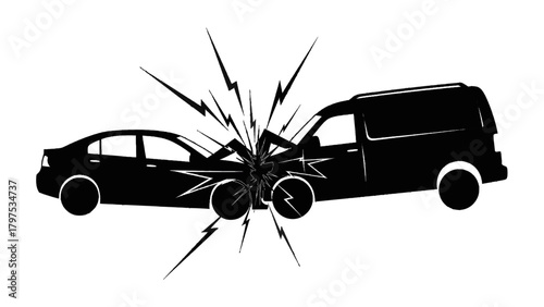 Vector illustration of car crash illustration showing collision between a sedan and a van, on a transparent background