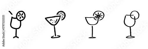 Cocktail Glasses With Citrus Garnish Line Icon Set In Doodle Style. Refreshing Beverage, Summer Drinks, And Party Celebration Outline Sketch Collection. Hand Drawn Isolated Vector Illustration