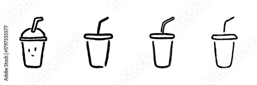 Cup With Straw Line Icon Set In Doodle Style. Beverage Container, Drinkware, And Refreshment Symbol Outline Sketch Collection. Hand Drawn Isolated Vector Illustration