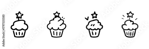 Cupcake With Star Toppers Line Icon Set In Doodle Style. Celebration, Dessert, And Party Decoration Outline Sketch Collection. Hand Drawn Isolated Vector Illustration