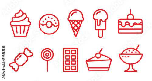 Collection of Red Line Art Icons Representing Various Sweet Treats and Desserts