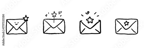 Envelope With Star Line Icon Set In Doodle Style. Special Message, Email Notification, And Priority Mail Outline Sketch Collection. Hand Drawn Isolated Vector Illustration