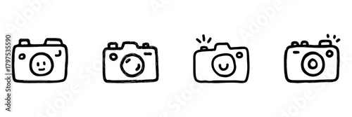 Camera With Emoticons Line Icon Set In Doodle Style. Photography, Emotion Capture, And Creative Expression Outline Sketch Collection. Hand Drawn Isolated Vector Illustration
