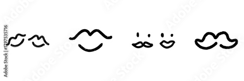 Lips And Mustache Line Icon Set In Doodle Style. Facial Expressions And Gender Representation Outline Sketch Collection. Hand Drawn Isolated Vector Illustration