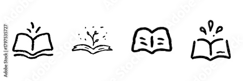 Open Book Line Icon Set In Doodle Style. Knowledge Expansion, Learning, And Creativity Outline Sketch Collection. Educational Growth And Inspiration. Hand Drawn Isolated Vector Illustration