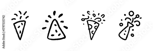 Party Popper Celebration Line Icon Set In Doodle Style. Festive Event, Joyful Celebration, And Party Decoration Outline Sketch Collection. Hand Drawn Isolated Vector Illustration