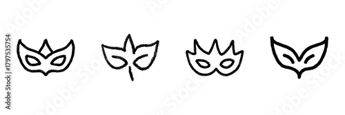 Carnival Mask Line Icon Set In Doodle Style. Masquerade, Costume Party, And Festive Celebration Outline Sketch Collection. Hand Drawn Isolated Vector Illustration