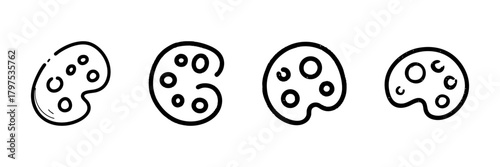 Artist Palette Line Icon Set In Doodle Style. Creative Expression And Artistry Tools Outline Sketch Collection. Hand Drawn Isolated Vector Illustration