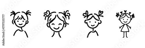 Cute Girls With Pigtails Line Icon Set In Doodle Style. Childlike Joy And Playfulness Outline Sketch Collection. Hand Drawn Isolated Vector Illustration