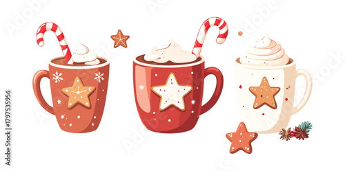 Christmas winter drink cup set with  candy cane and gingerbread star  vector illustration