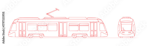 Modern Tram Blueprint: Side and Front Views of Electric Public Transport