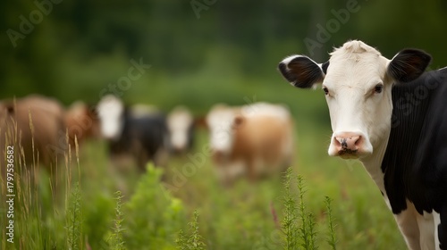 Cow grazing in green field with herd in background