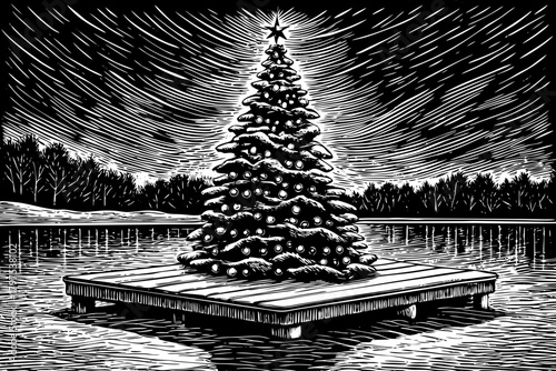 bright Christmas tree stands on a wooden platform placed black and white on a frozen lake, reflecting lights in icy surface below