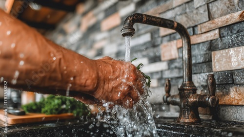 Chef washing fresh herbs under running water in restaurant kitchen sink