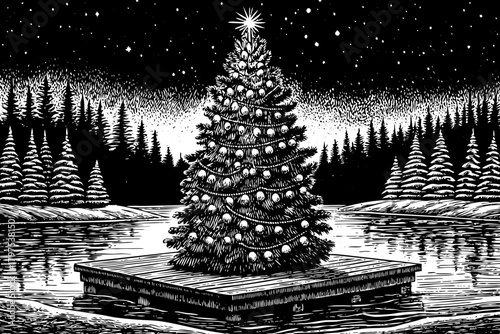 bright Christmas tree stands on a wooden platform placed black and white on a frozen lake, reflecting lights in icy surface below