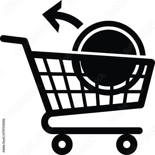 Shopping cart icon with a coin being placed inside, symbolizing online payment and ecommerce transactions.
