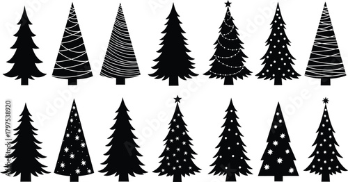 Collection of black silhouettes of christmas trees decorated with stars and lights 