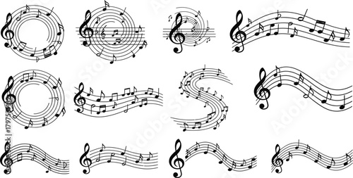 Collection of abstract musical notes and clefs forming decorative patterns
