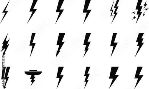 Collection of diverse black lightning bolt icons and symbols on white background
