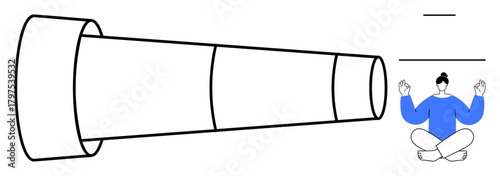 Giant telescope pointing outward beside a meditating person in a lotus pose. Ideal for focus, mindfulness, exploration, self-discovery, observation, perspective, balance. Simple flat metaphor