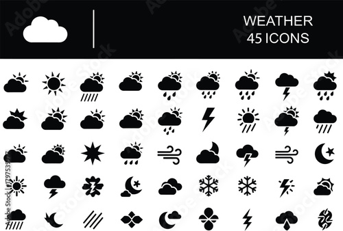 Weather and climate icons set collection, forecast symbols, rain, sun, cloud, and snow elements bundle for web and mobile application interface vector design assets.