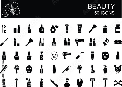 Beauty and cosmetics icons set collection, makeup and personal care symbols, fashion and spa elements bundle for web and mobile application interface vector design assets.