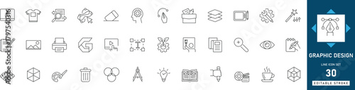 Graphic design icon set featuring digital art, creativity, drawing, portfolio, tools, software, and web design concepts. Clean editable line icons for designers and creative projects.