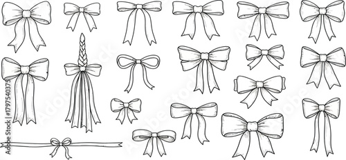 Collection of hand drawn bows and ribbons in sketchy black and white style
