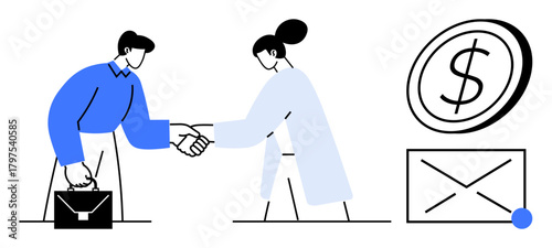 Two people shaking hands, briefcase, dollar sign, envelope. Ideal for partnership, agreement, deal, financial transaction communication collaboration networking. A simple flat metaphor