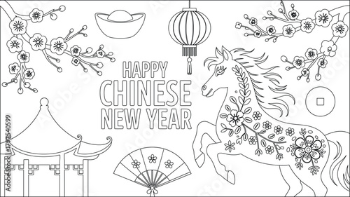 Happy Chinese New Year Coloring Page Horse, Lantern, Plum Blossoms, Traditional Elements Line Art