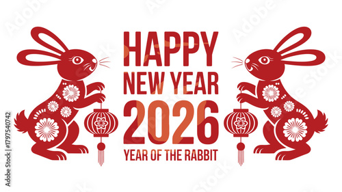 Happy New Year 2026 Illustration Year of the Rabbit with Lanterns in Red and White