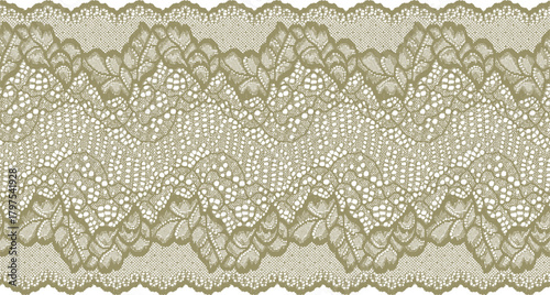 Dark green wide lace trim with leaf motifs arranged in a serrated pattern